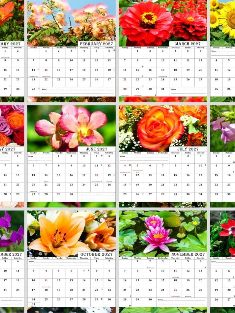 2027-12 Months Desk Calendar Desktop Planner with To-Do List (Flowers)